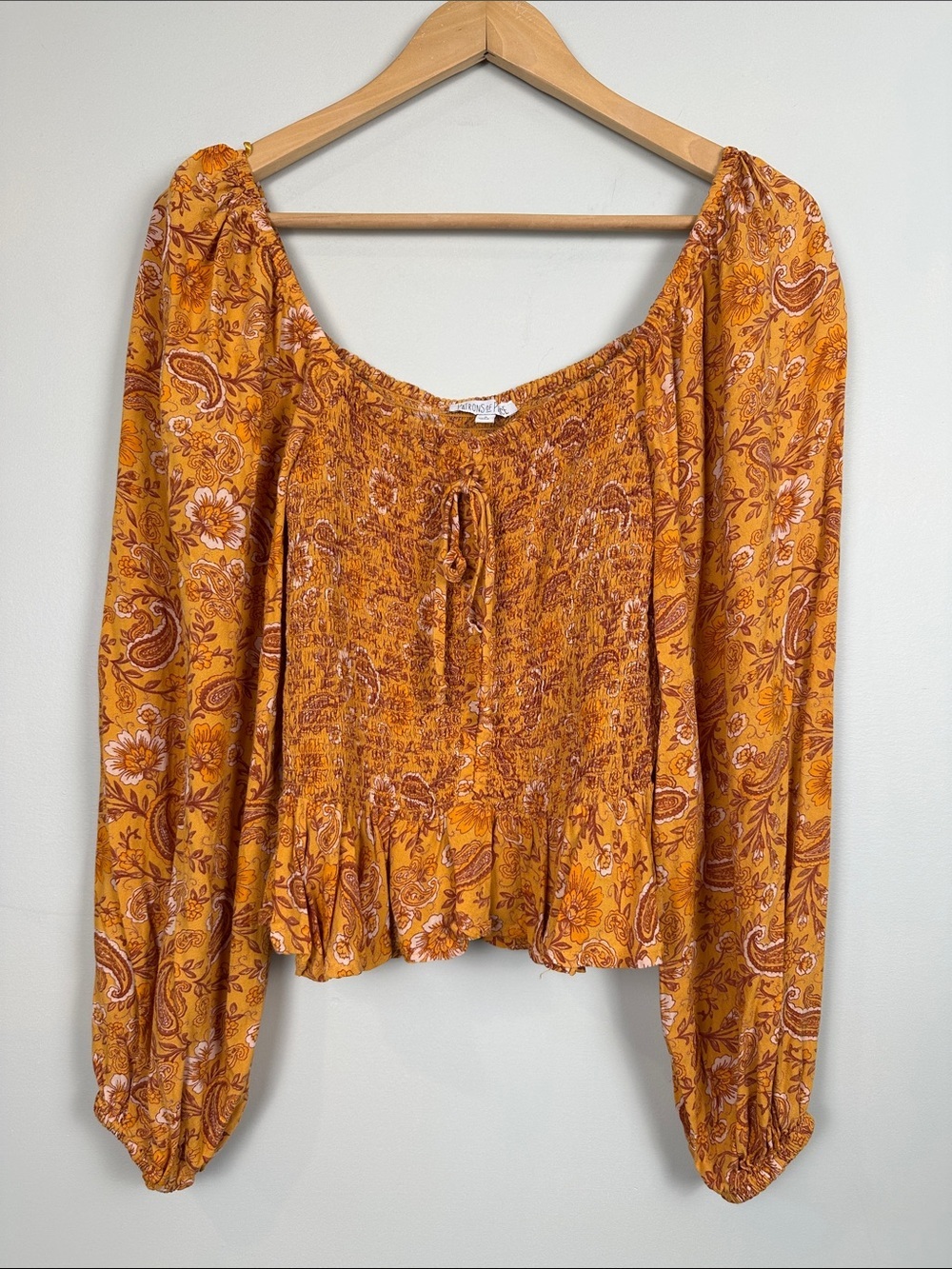 Patrons of peace floral paisley boho smocked balloon sleeve peasant top hippie